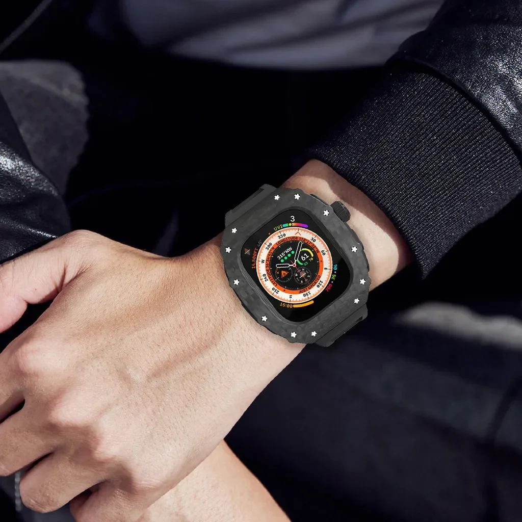 Carbon Fiber Titanium Metal Case Luxury Modification Kit Rubber Strap Compatible for Apple Watch Ultra 4 3 2 1 49mm Accessories