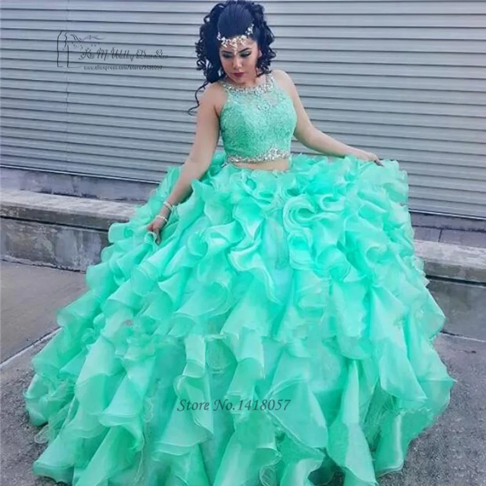 

Fashional 2 Pieces Princess Quinceanera Dresses Vestidos De 15 Anos Scoop Neck Crystal Lace Sweet 16 Party Birthday Ball Gown