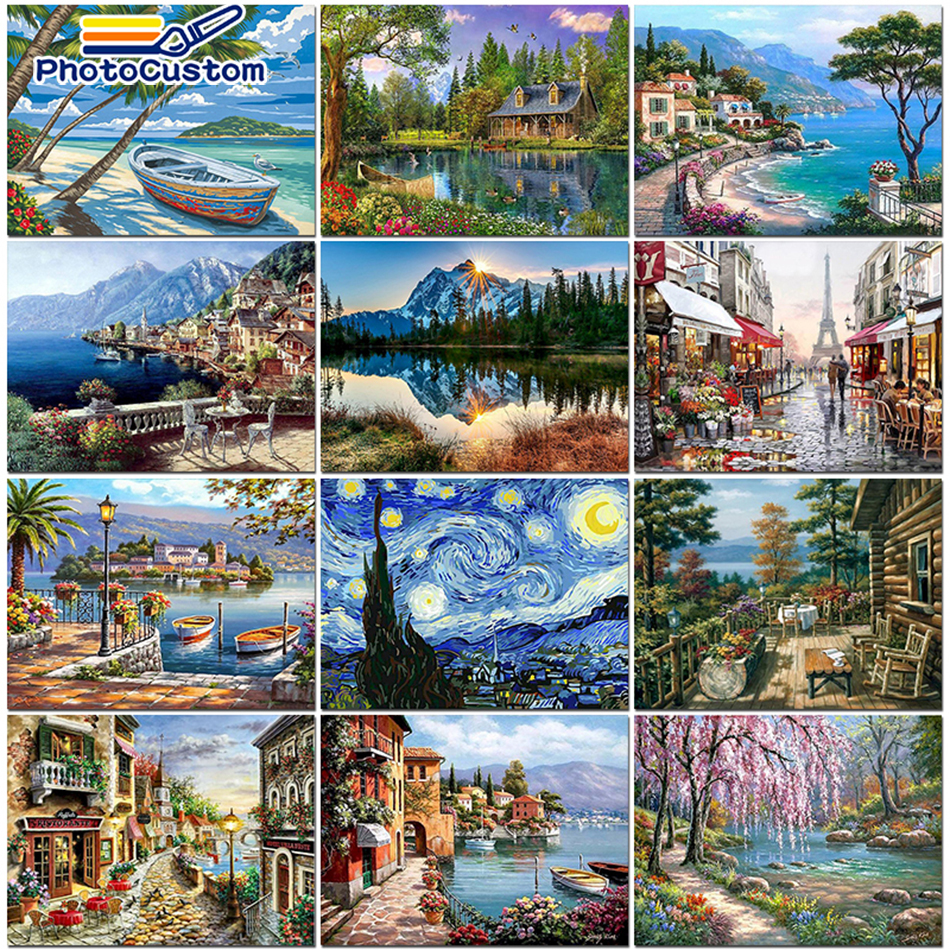  PhotoCustom Paint By Number Canvas Painting Kits Handpainted Seascape DIY Picture Of Coloring By Numbers Home Decoration Gift 