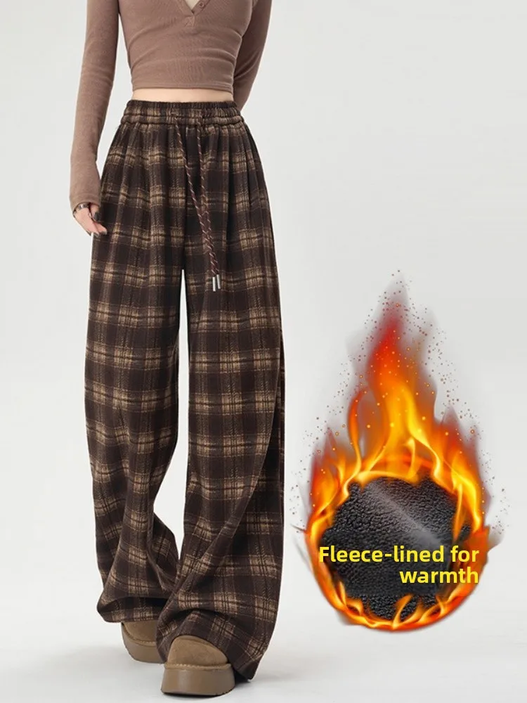 Pantalon à carreaux doublé de Fce rouge pour femmes, taille haute, drapé, jambe droite, longueur au sol, en laine, jambes larges, pour les déplacements