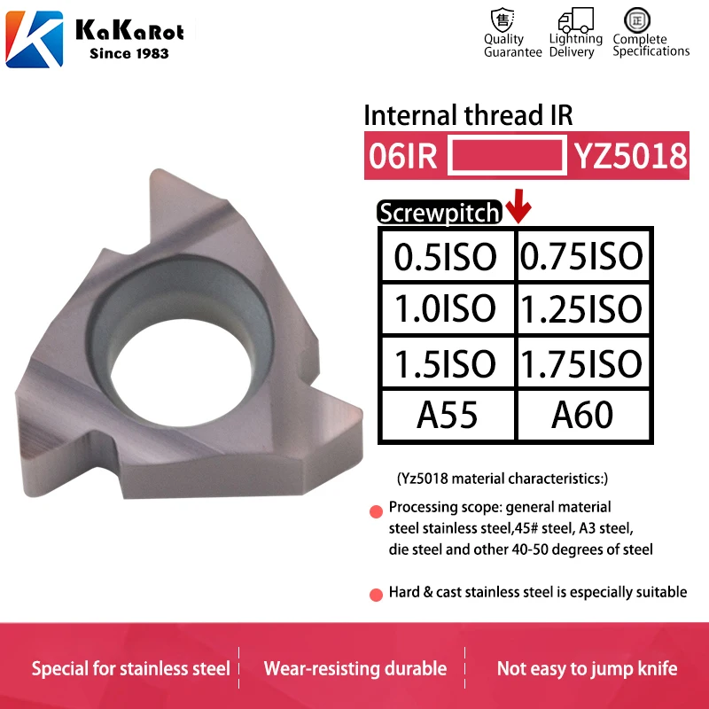 KaKarot-inserto de rosca de carburo de paso, 6ir, 0,5/0,75/1,0/1,25/1,5/1,75, ISO, A55, A60, SNR, CNC, acero de torno