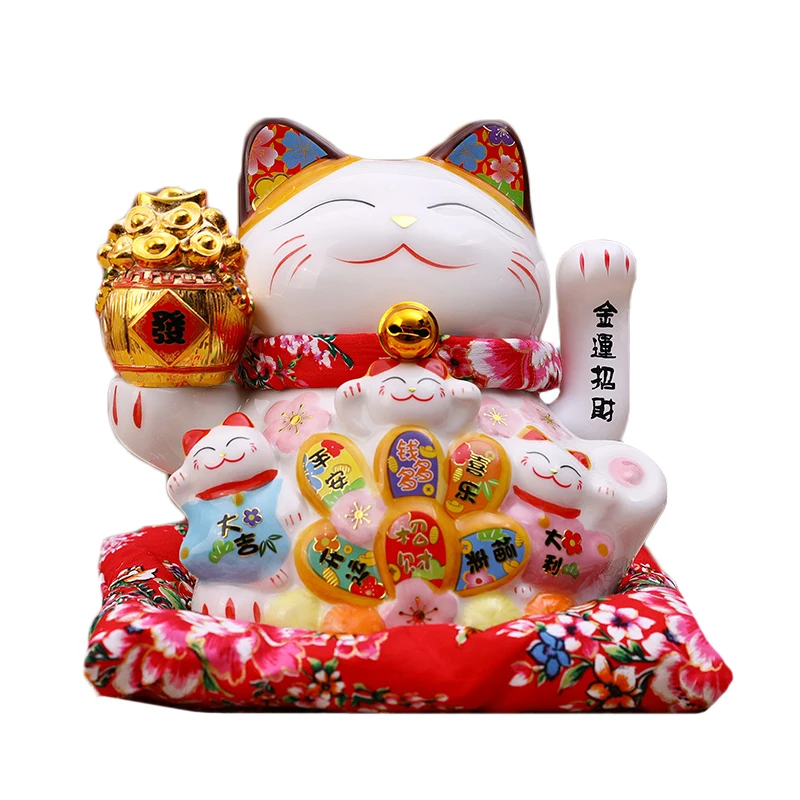 7 Inch Lucky Cat with Waving Arm Ceramic Fortune Cats Statue Money Cat Feng Shui Decor Ornament for Home Office Store Decoration