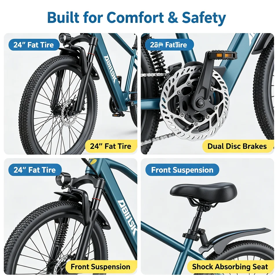 GT300‑24 Blue 24 Inch Adult Electric Bike 48V 23Ah Removable Lithium‑ion Battery Hydraulic Disc Brake Front Shock Absorber Smart LCD Display 3 Riding Modes City Commuter Mountain Ebike for Daily Travel Outdoor Recreation image 6