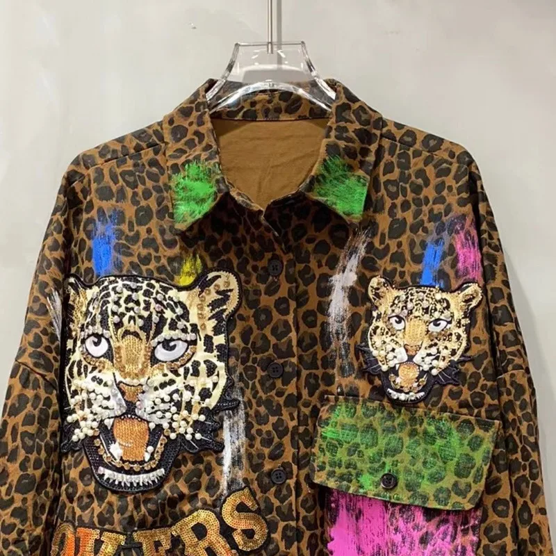 2024 Autumn New Cartoon Graffiti Leopard Print Blusas Women's Medium And Long Loose Thin Shirt Jacket Single-breasted Top Blouse