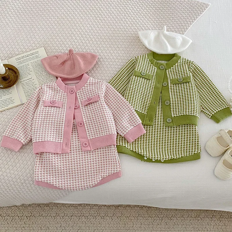 

Baby Girl Clothes Sets Autumn Fashion Plaid Cardigan Coat+ Suspenders Romper 2Pcs Princess Suit Cotton Infant Newborn Clothes