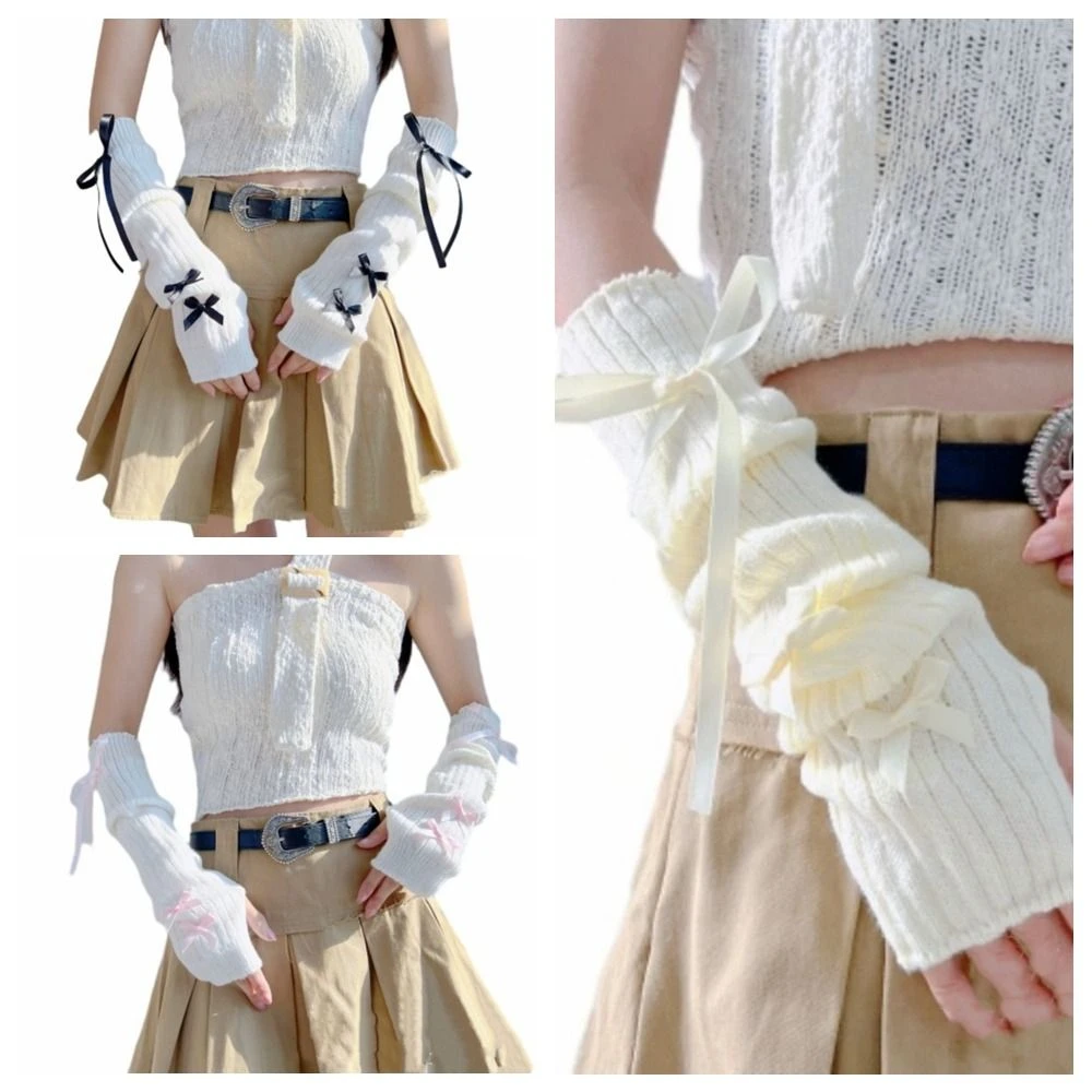 Soft Elastic Knitted Bow Arm Sleeves Ballet Style Warm Half Finger Long Gloves Korean Style Y2K Long Wrist Gloves Girls