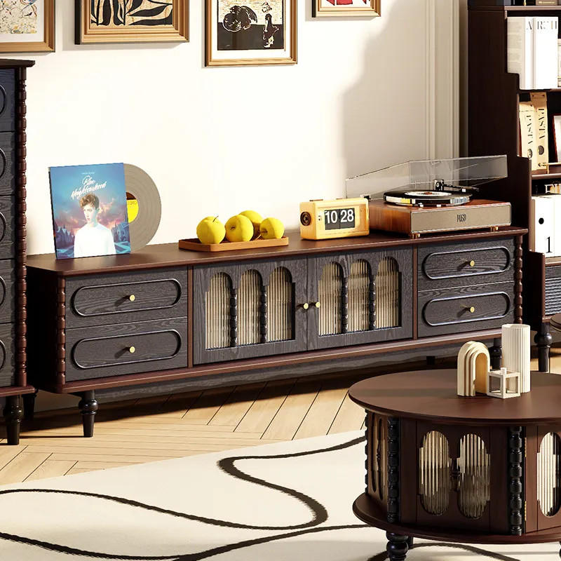 

Medieval French retro pure wood TV cabinet coffee table combination American home floor living room locker