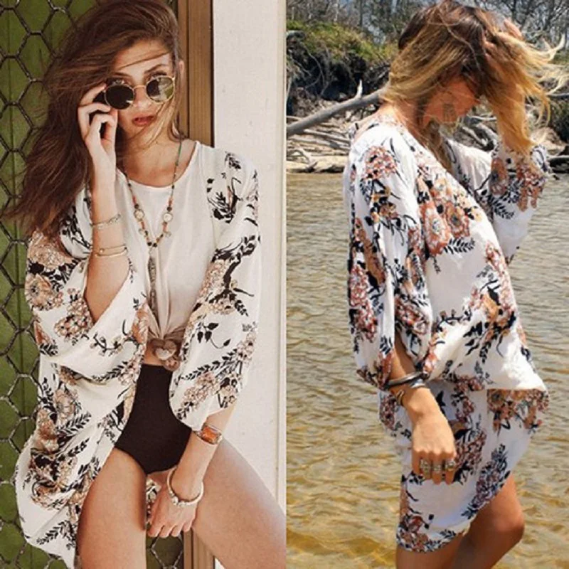 Kimono de plage imprimé Floral pour femmes, Cover-Up de maillot de bain en mousseline de soie blanche avec manches cloche, vêtements de plage d'été