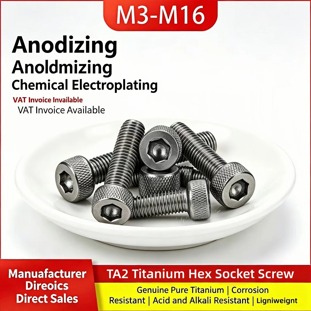 TA2 Pure Titanium Hexagon Socket Cap Head Screws DIN912 M3‑M16 Corrosion and Acid‑Alkali Resistant Lightweight Industrial