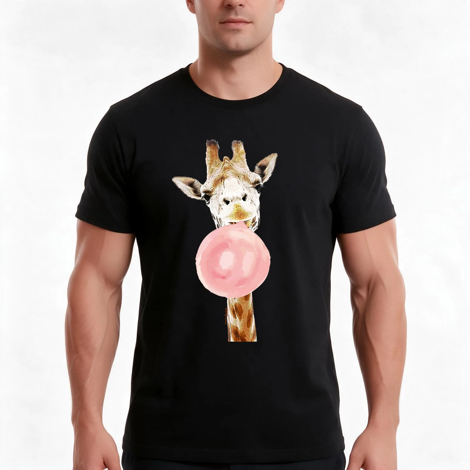 Pink Bubblegum Giraffe T-Shirt, Summer Casual Cotton Tee, Oversized Streetwear Tops, Vintage Graphic Print, Unisex Men Women