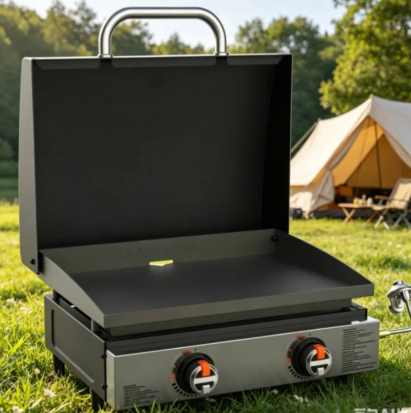 22 Inch Tabletop Griddle with Protective Hood, Stainless Steel Front, Powder Coated Black