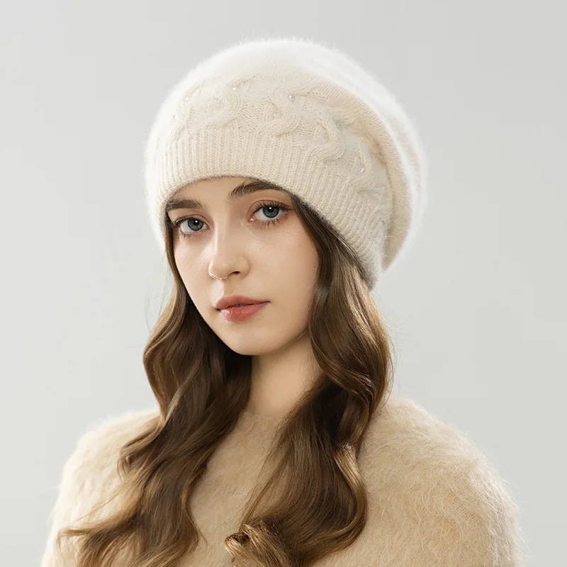 

Angora Hat Women Winter Knit Hat Double Layers Casual Warm Accessory For Autumn Outdoors Sports Cold Weather