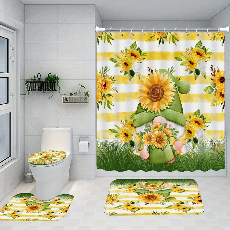 4PCs bright sunflowers gnomes shower curtain set, waterproof shower curtain with 12 hooks, non-slip bathroom rug, toilet U-sha