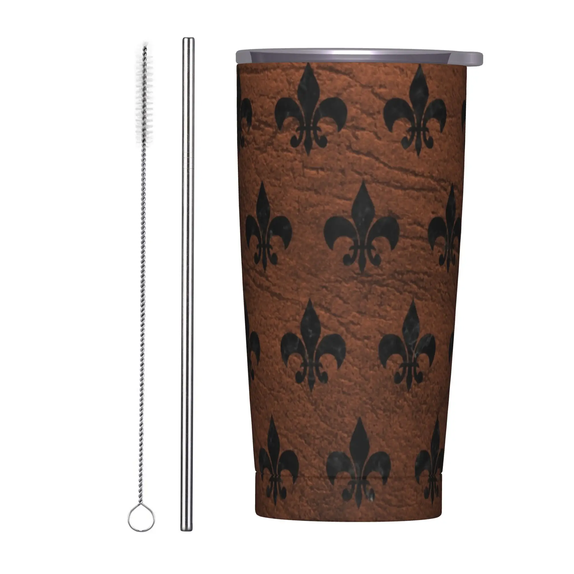 

Термокружка Royal Black Marble Brown Leather Fleur De Lis, вакуумная, с защитой от проливания, для офиса и дома, 20 унций