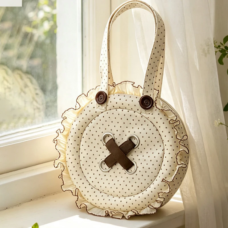 

Polka Dot Lace Button Shoulder Bag, Women Casual Cute Round Cloth Tote Bag,Versatile Everyday Commute Shopping Travel Handbag
