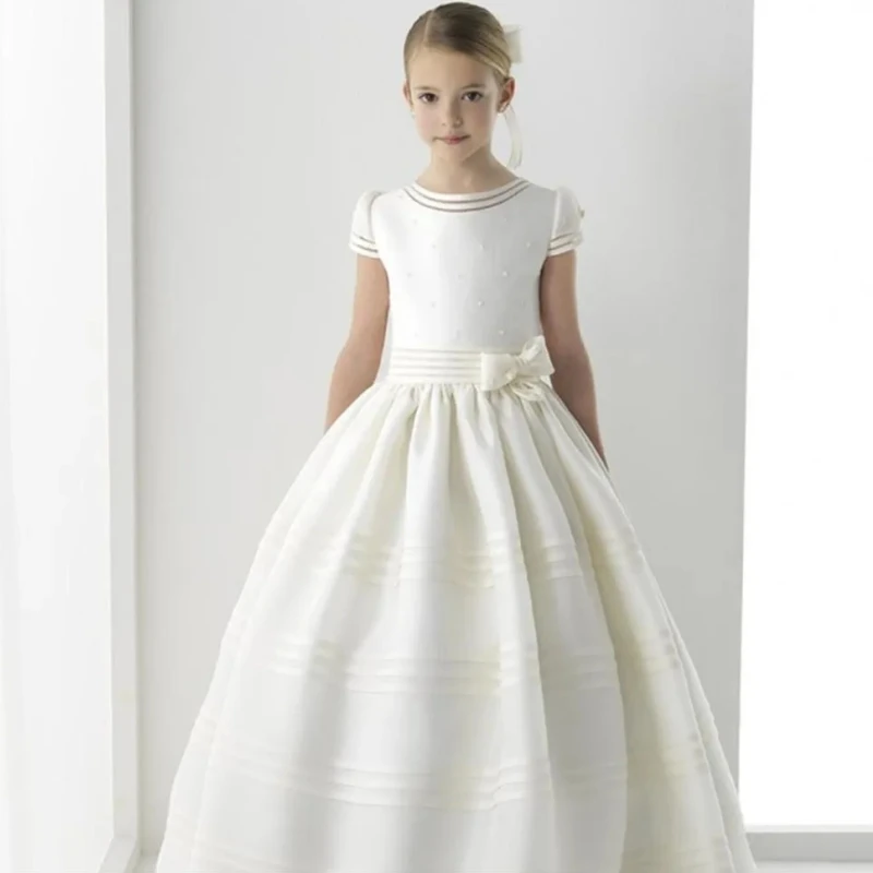 

Flower Girls Dresses Vintage Ivory Satin Pearls Top With Bow For Wedding Birthday Party Princess Dress Baptism Clothes