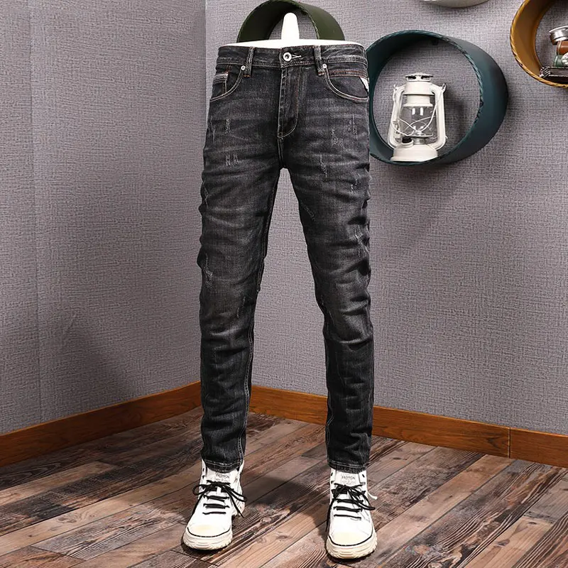 

Men's fashion Italian style high-quality retro washed elastic black gray slim fit jeans retro denim pants hombre