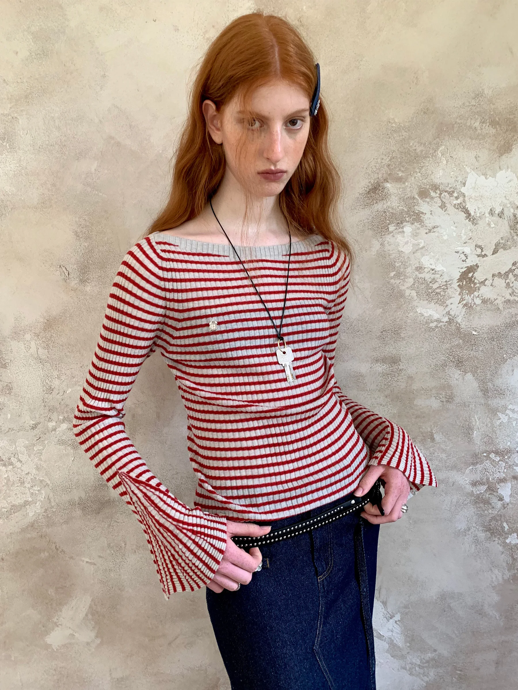 

Вязаный топ Bel Canto с рукавами-колокол и полосатым узором для женщин, осенне-зимняя внутренняя одежда, шерстяной, с круглым вырезом и длинными рукавами