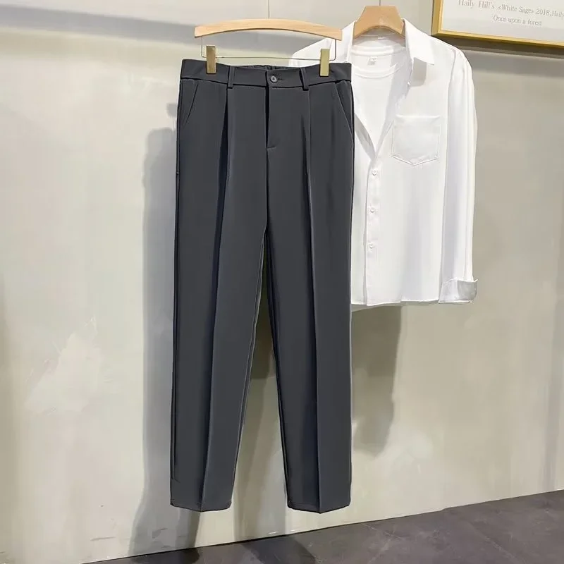 Tressed Baggy Male Suit Trousers Slim Fit Men's Summer Pants Gray Korean Style Clothes Slacks Elegant Anti-wrinkle Luxury 2024