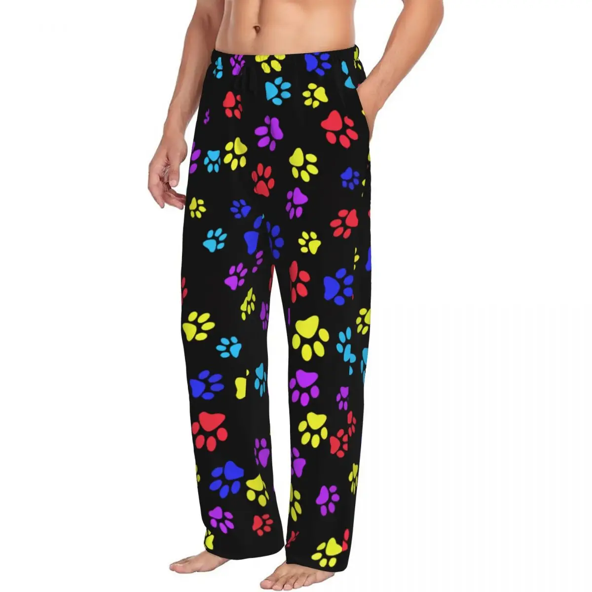 Custom Printed Cat Dog Animal Paw Prints Pajama Pants for Men Sleep Sleepwear Bottoms with Pockets