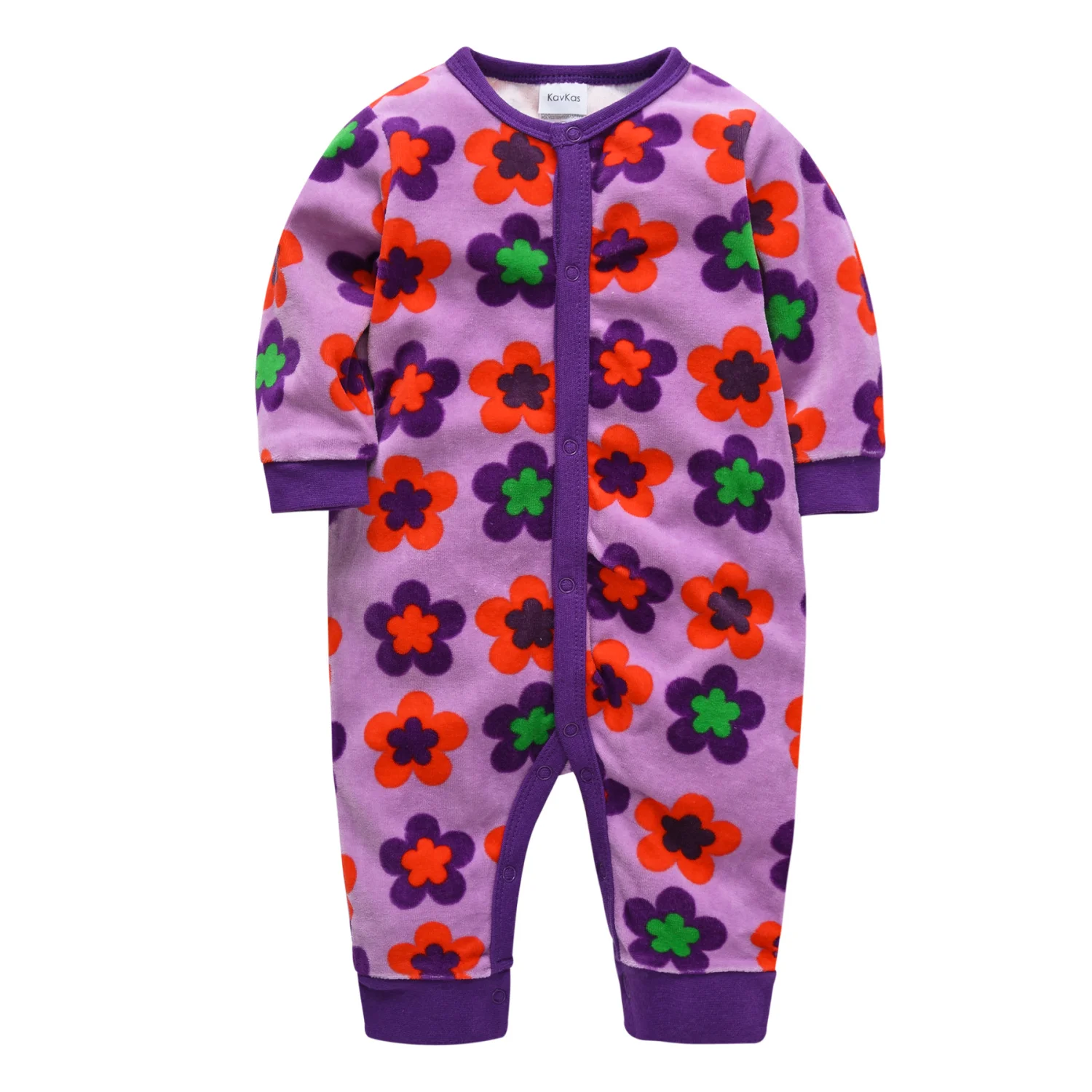 Baby Velvet Floral Romper Long Sleeve Snap Jumpsuit Newborn Infant Girl Purple Orange Green Flower Print Outfit Clothes