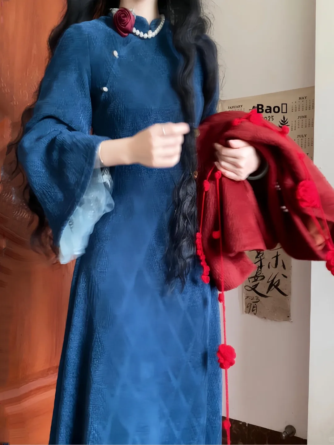 

Retro Heavy Blue Woolen Dress Women's New Chinese Style Red Outerwear Coat Autumn Winter Fashion Set Casual Wear