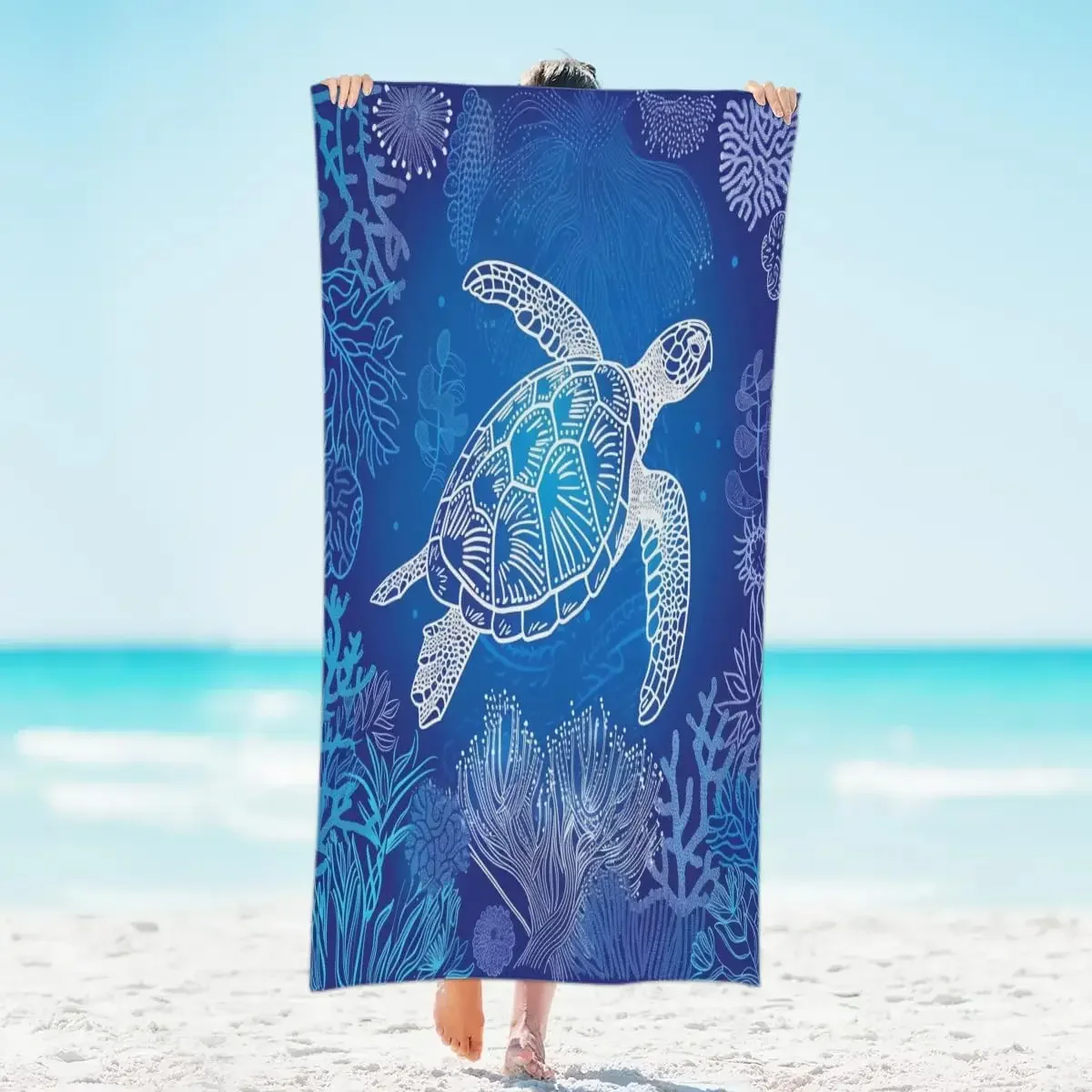 Blue Sea Turtle Ocean Life Bath Towel Beach Mat Tropical Coral Print Bathroom Decor Gift Idea Summer Nautical Shower Towel Sheet