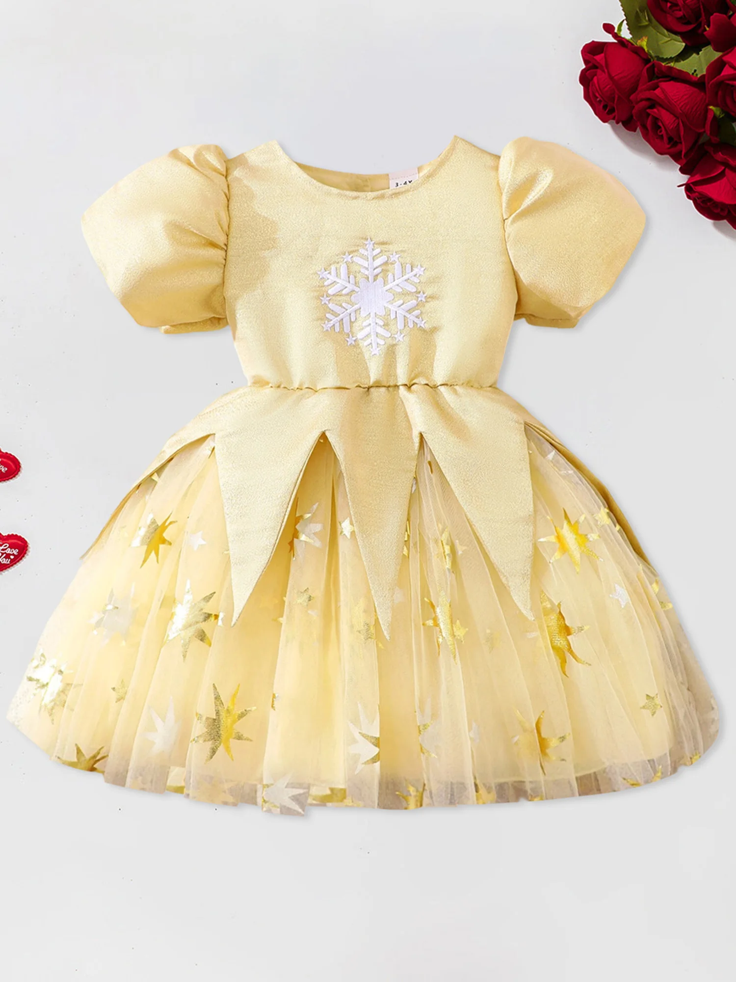 

Рождественское платье трапециевидной формы с вышивкой снежинок для маленьких девочек, круглым вырезом, короткими пышными рукавами и тюлевыми лоскутными деталями