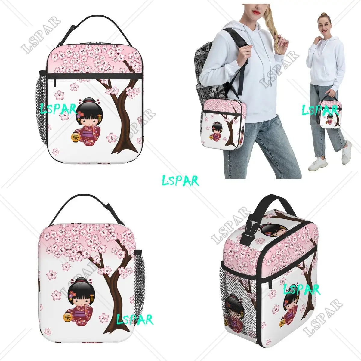 Sakura Kokeshi Doll Cute Thermal Insulated Lunch Boxes Japanese Geisha Girl Lunch Bag Container Kawaii Thermal Cooler Food Box