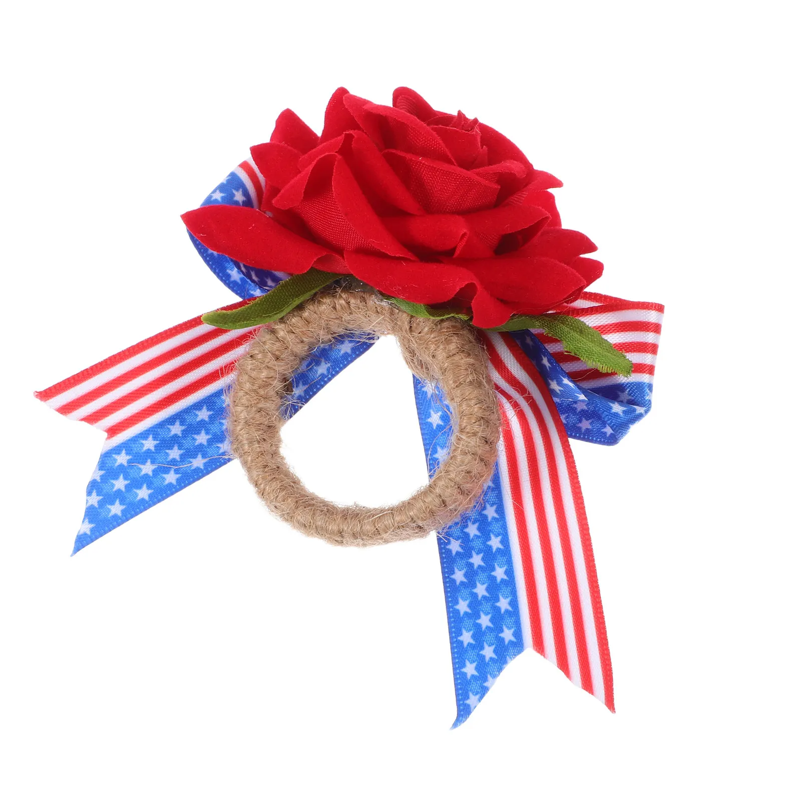 Artificial Rose Napkin Ring Holder Patriotic Independence Day Jute Rope Cloth Napkin Clasp for Party Banquet Farmhouse Decor