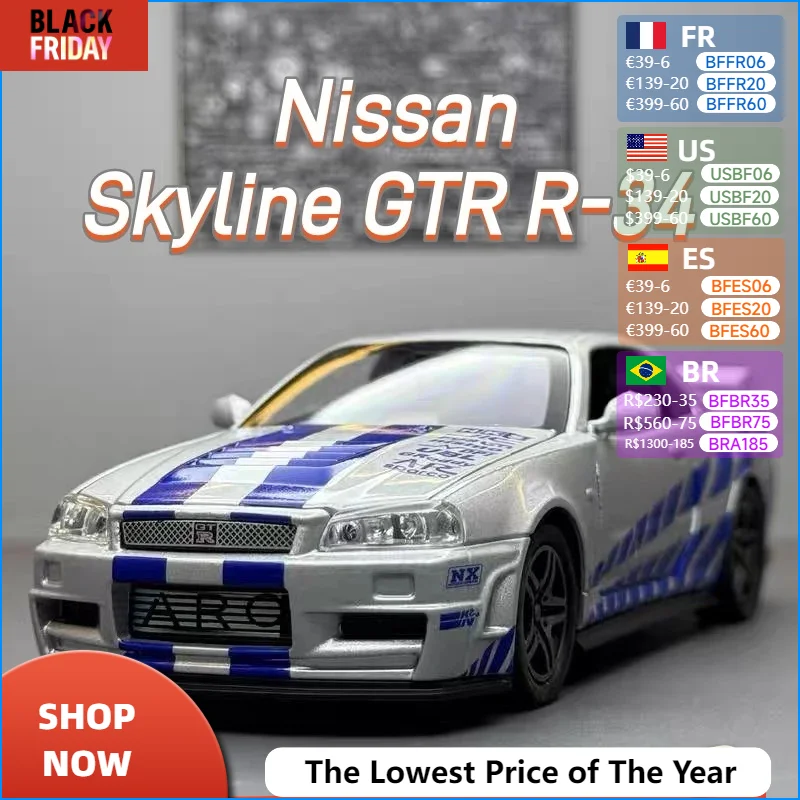 1:32 Nissan Ares Skyline GTR R34 Alloy Sport Car Model Fast＆Furious Diecast Metal Racing Car Sound＆Light Collection Kid Toy Gift