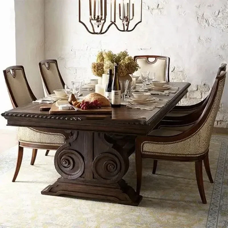 z countryside retro oak solid wood carved dining table and chair combination American minimalist rectangular dining table