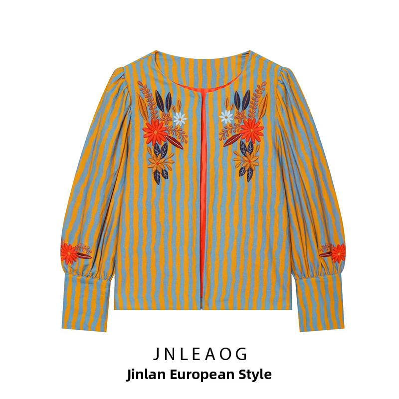 JNLEAOG Women's round Neck Embroidered Flower Color Block Sleeve Top Spring Autumn Fashion Standard Fit Polyester Long Sleeve