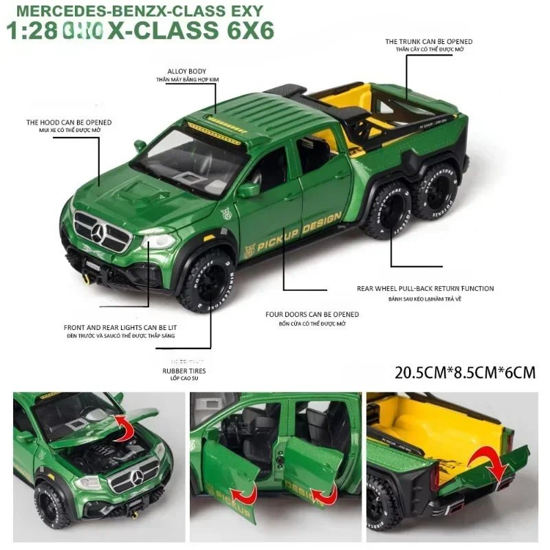 Simulation 1:28 Scale Benzs X-Class 6X6 Off Road Vehicles Model Sound and Light Metal Pickup Car Toys Kids Boys Gift Voiture