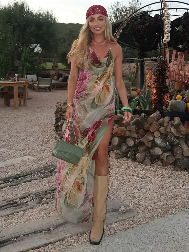 مثير مطبوعة الخامس الرقبة الرسن فساتين طويلة النساء الرجعية أكمام عارية الذراعين الجانب الشق فستان الشاطئ الإناث موضة شارع العليا عطلة