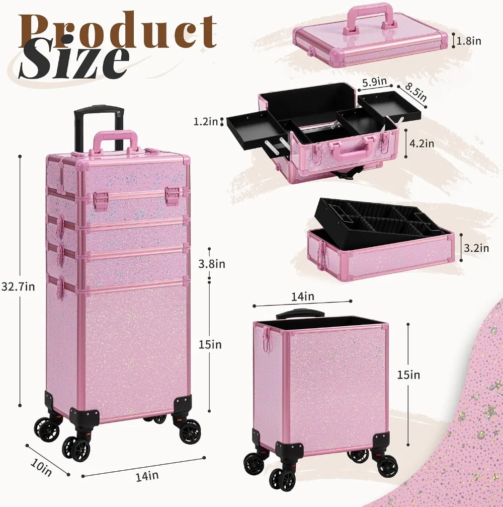 5-in-1 Rolling Makeup Train Case, Large Capacity Cosmetic Trolley with Lockable Wheels, Pink view 3