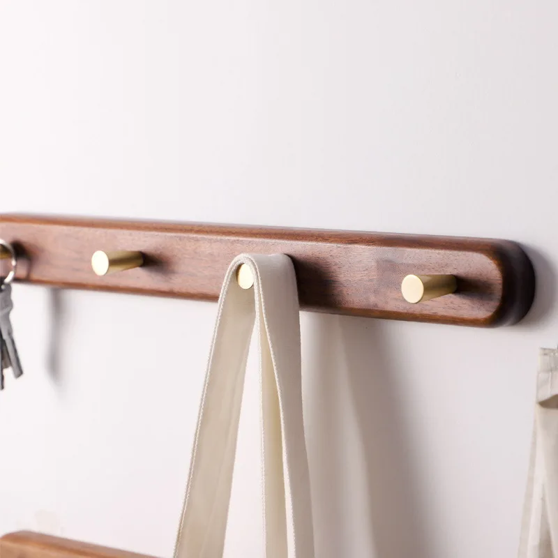 HeMu Black Walnut Wood Clothes Hook, Wall Non-perforated Brass Hanger, Bedroom Foyer, Solid Wood, Creative Rack