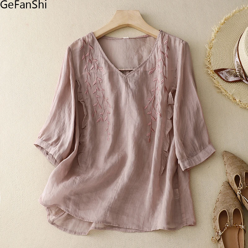 

New Arrival Summer Fashion Solid V-neck Embroidery Chic Loose Casual Holiday Blouse Shirts Women Vintage Office Ladies Tops