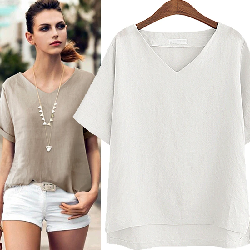 Base feminina solta de linho de algodão irt V-Ne primavera verão rua sle plus size faion doce sle emenda assimétrica