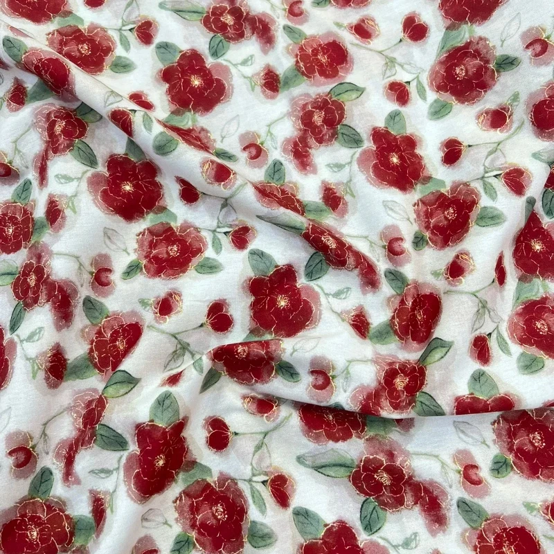 140x50cm Digital Printing Cotton Fabric, Handmade DIY Sundress, Spring Summer Camellia Red Floral Fabric