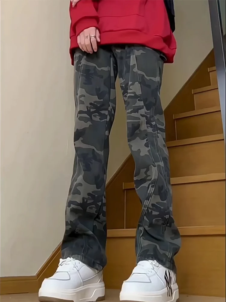 

Мужские брюки в американском уличном стиле с камуфляжным принтом, дизайнерские, с вставками, расклешенные, с высокой талией, прямые, рабочие.