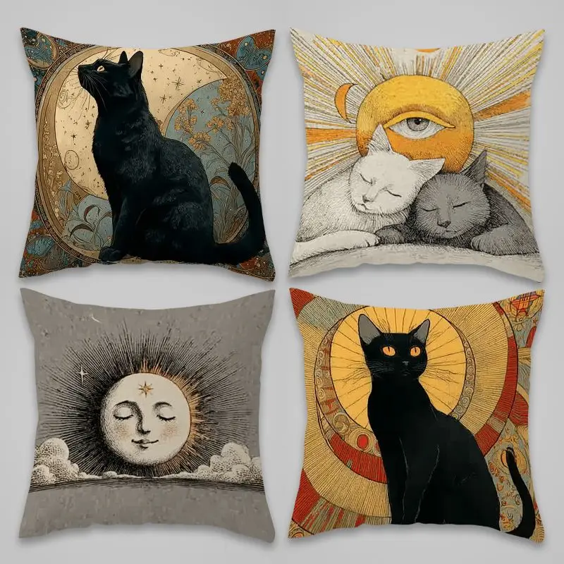 Celestial Cat Astrology Pillowcase Boho Witchy Throw Cushion Zodiac Moon Sun Mystical Cosmic Art Decor Gift