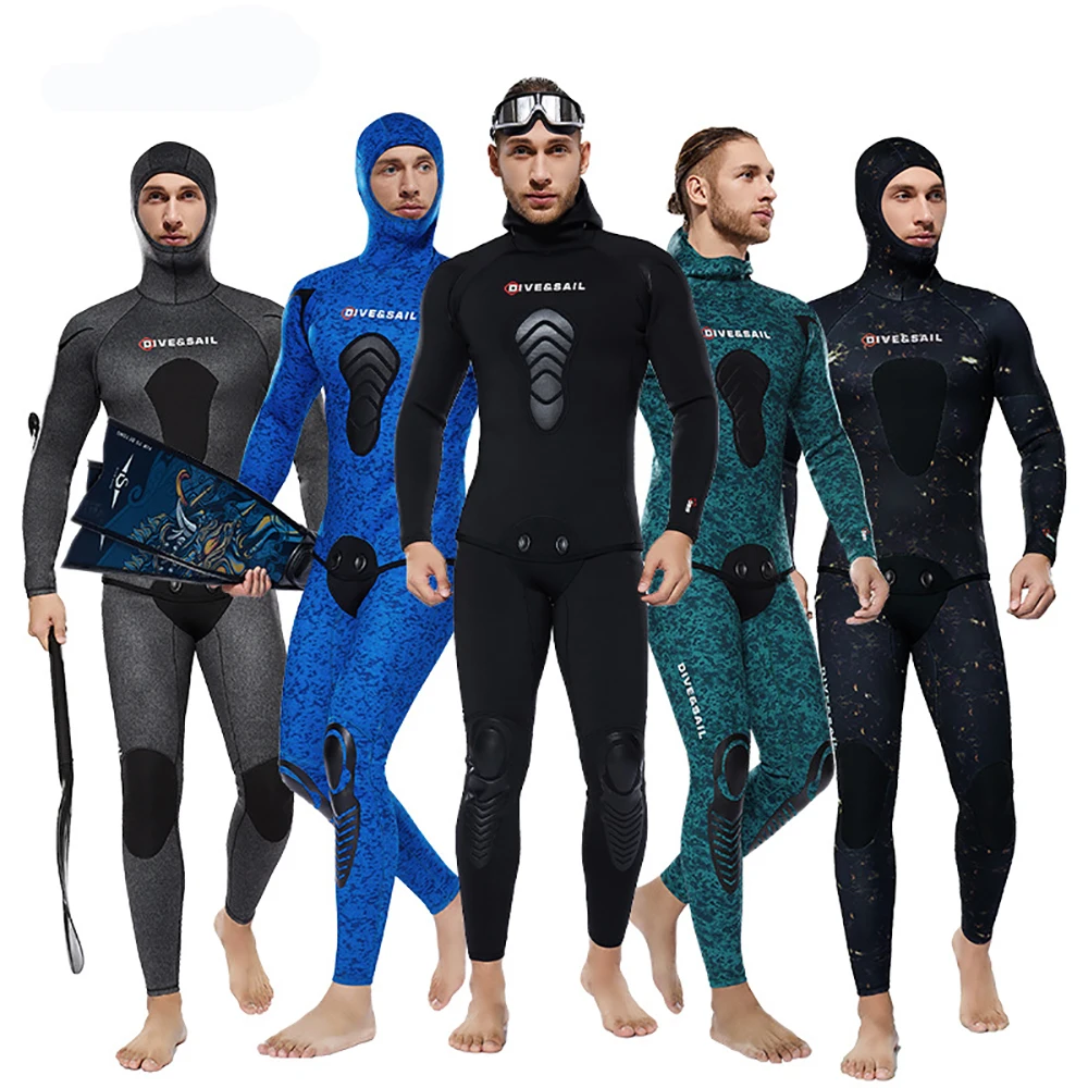 

Men Two Piece Open Cell Free Diving Wet Suit CR Scuba Suit 3/5/7mm Neoprene Hooded Blind Sewing Wetsuit for Spearfishing Snorkel