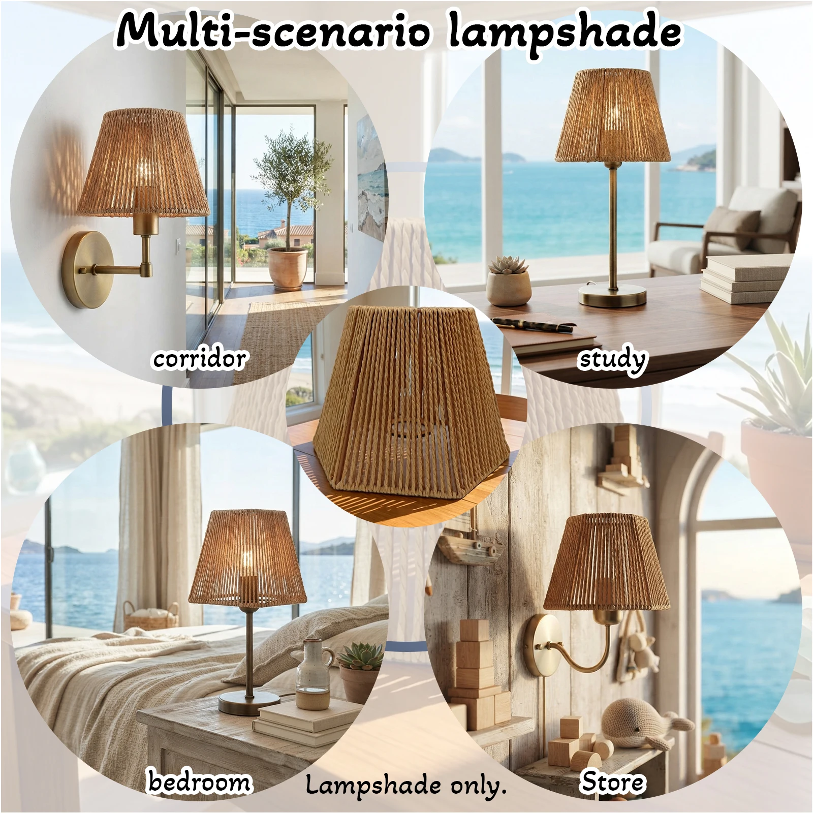 Rope Lamp Shade, Tapered Conical, Straight Woven, Table Wall Pendant Cover, Boho Coastal