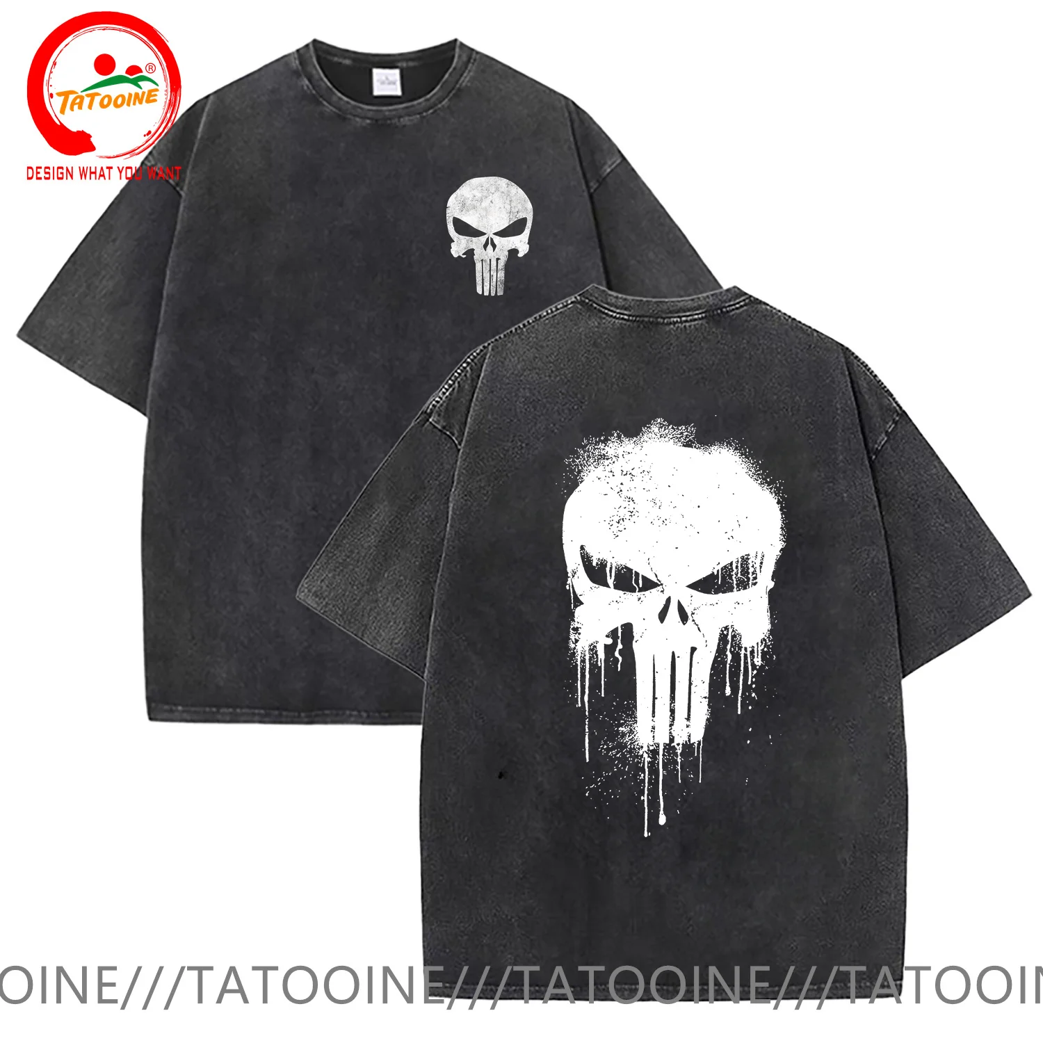 

Vintage Washed Cotton T-Shirt Military Patriotic Skull Dropped T Shirt Men Fashion Trendy Casual Clothes tshirt Hip Hop T-Shirt