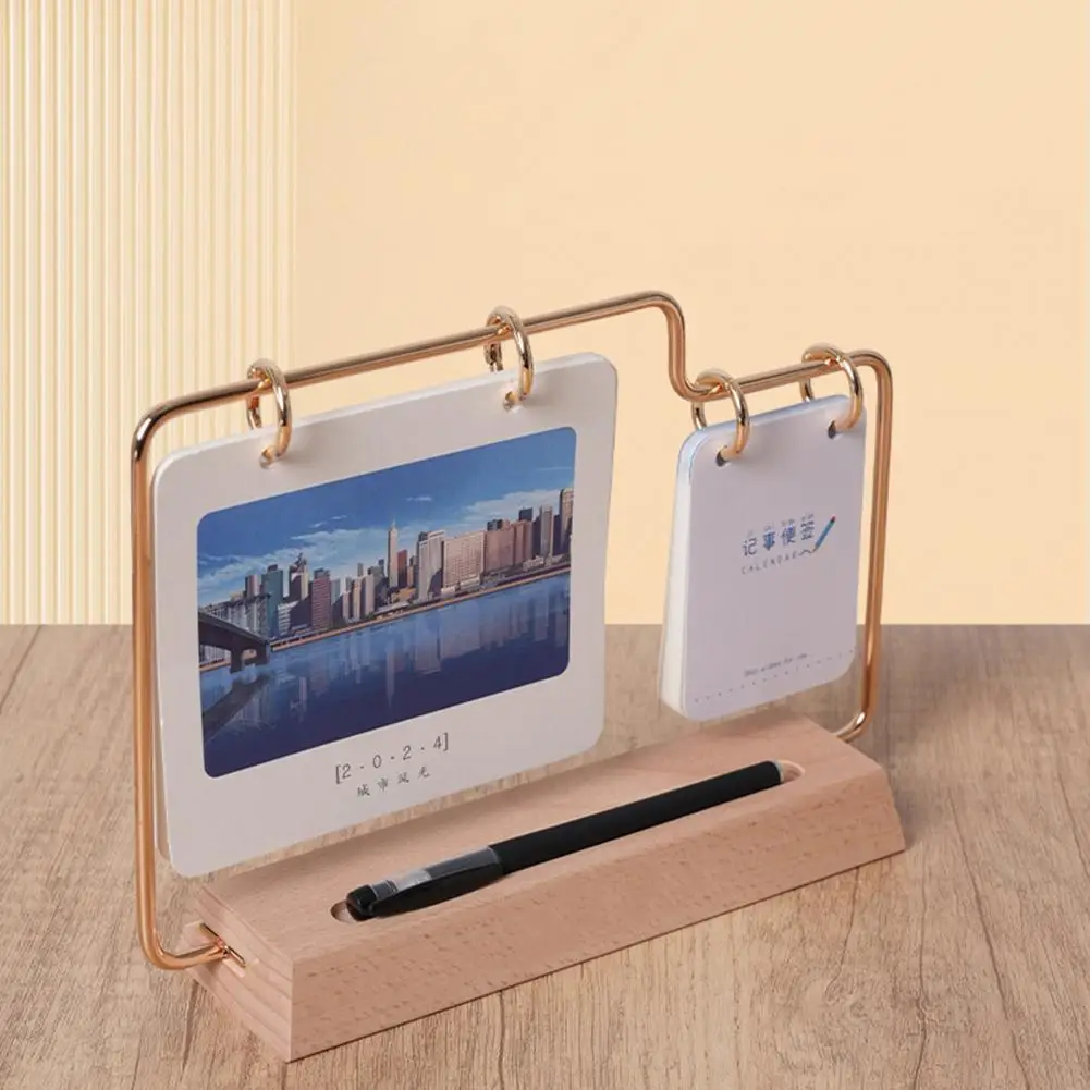 Calendario de escritorio fiable con ranura para bolígrafo, Base de madera maciza 2024, con hebilla de Metal para el hogar