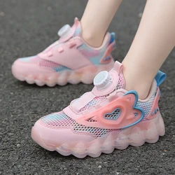 Student girls' sandals Summer 2024 new rotating button children's sports net shoes Hollow girls breathable single shoes