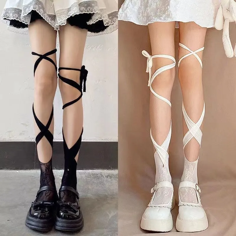 

Sexy Jk Tie Lace Fishnet Stockings Irregular Split-toe Calf Socks Women's Middle Tube Socks Straps Summer Long Japanese Socks