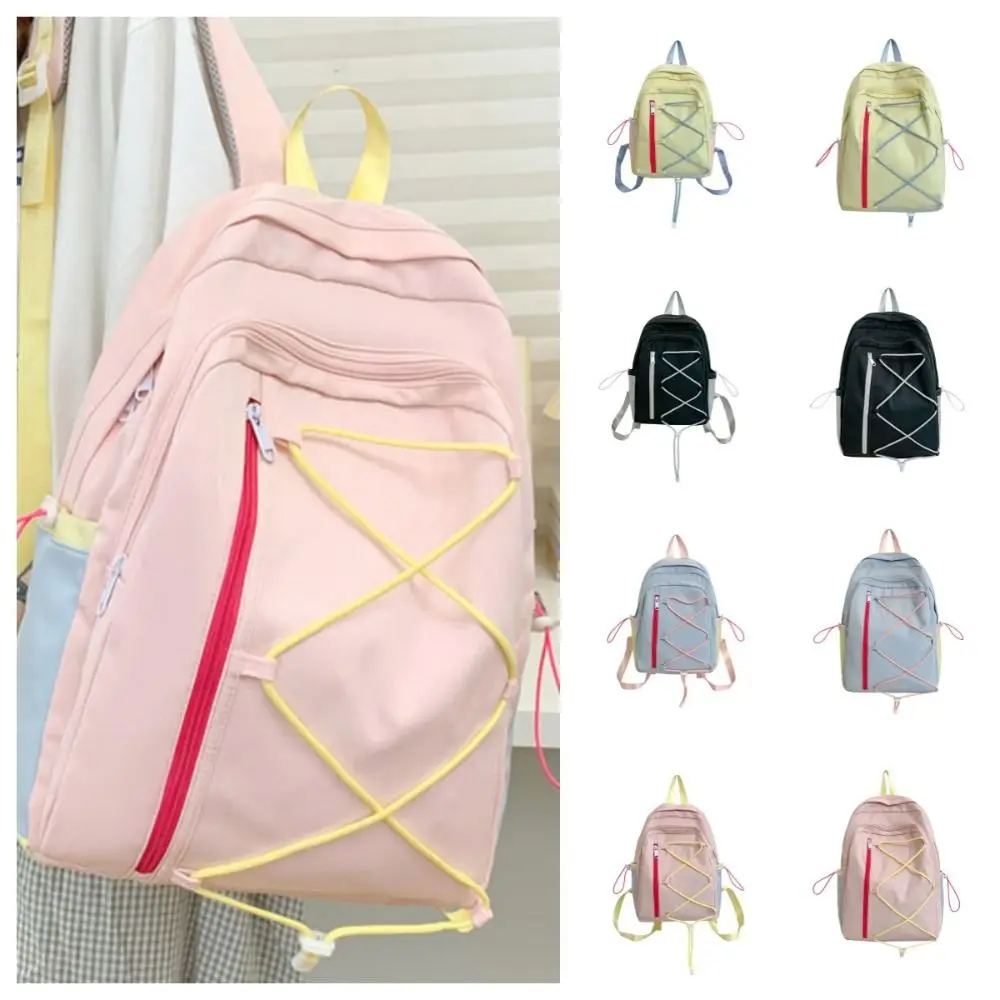 Casual Multi-pockets Drawstring Backpack Solid Color Dopamine Student School Bag Cloth Large Capacity Travel Rucksack Students