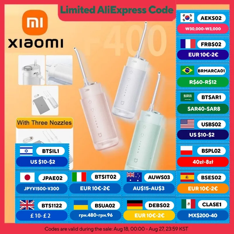 XIAOMI MIJIA F400 Oral Irrigator,Cordless Portable 4 Mode 200mL Rechargeable Flossers,IPX7 Waterproof Electric Oral Waterflosser